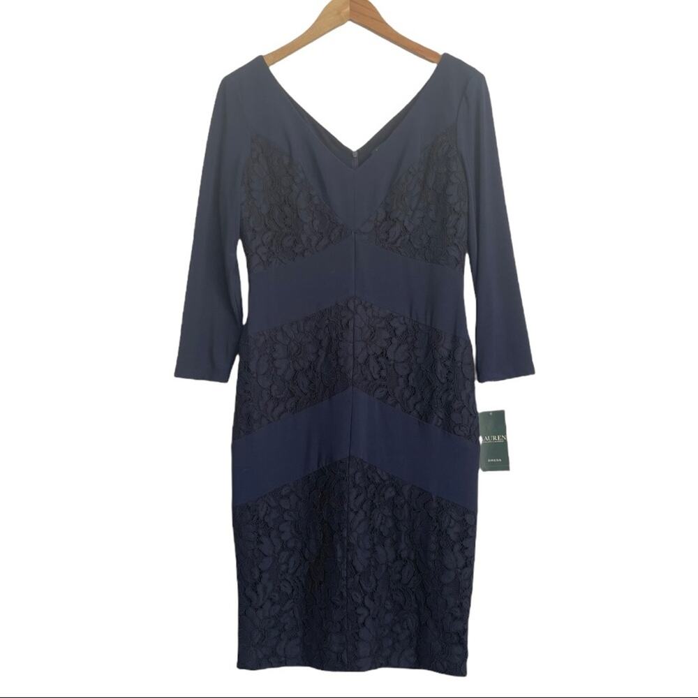 Lauren Ralph Lauren Chevron Lace Inserts V-neck Navy‎ Jersey Dress NWT Size 8